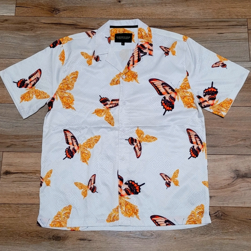 Drill Baroque Gold Shirt Mens L Black White Butter Fly Stretch Luxury Designer